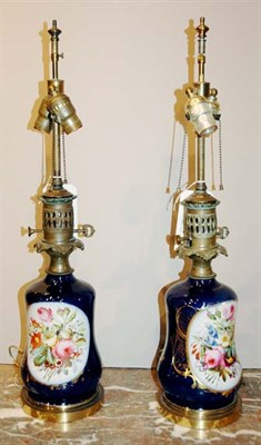 Lot 4381 - Pair of Floral Decorated Cobalt Glass...