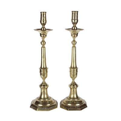 Lot 211 - Pair of Continental Brass Altar Candlesticks...