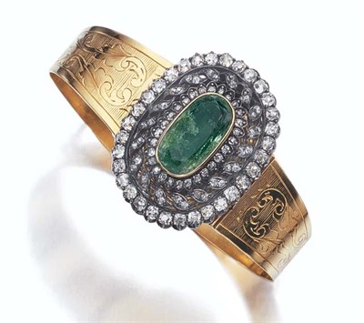 Lot 434 - Antique Gold, Silver, Emerald and Diamond Slide Watch-Bangle