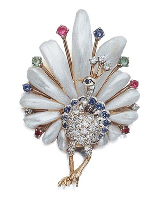Lot 487 - Gold, Freshwater Pearl, Diamond and Gem-Set Peacock Brooch
