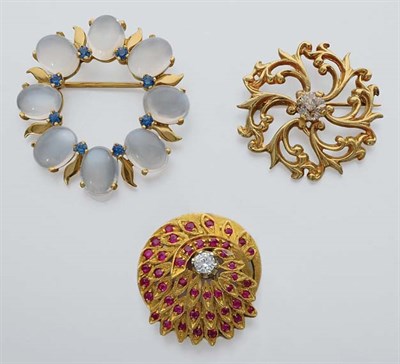 Lot 172 - Three Gold, Diamond and Gem-Set Brooches