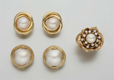 Lot 2237 - Gold, Cultured Pearl and Diamond Ring and Two Pairs of Mabe Pearl Earrings
