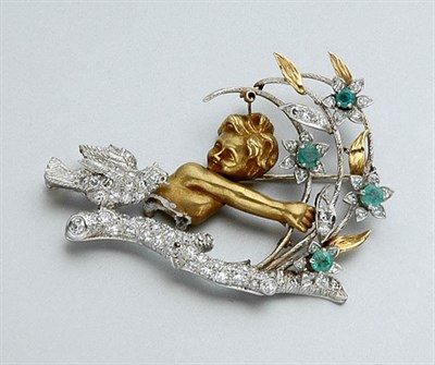Lot 2334 - Two-Color Gold, Diamond and Emerald Cupid Brooch