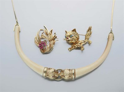 Lot 2662 - Two Gold Brooches and Gold and Bone Panther Head Necklace
