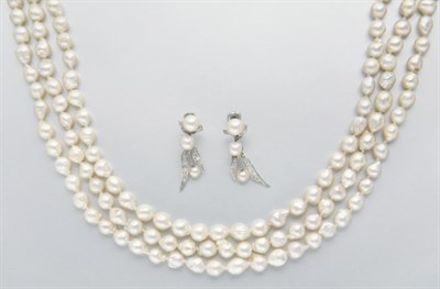 Lot 2615 - Pair of White Gold, Diamond and Cultured Pearl Earrings and Clasp and Triple Strand Baroque Cultured Pearl Necklace