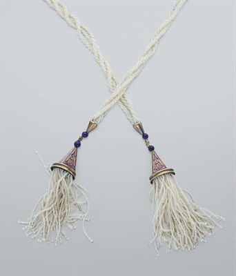 Lot 2562 - Seed Pearl, Gold, Enamel and Lapis Bead Sautoir
