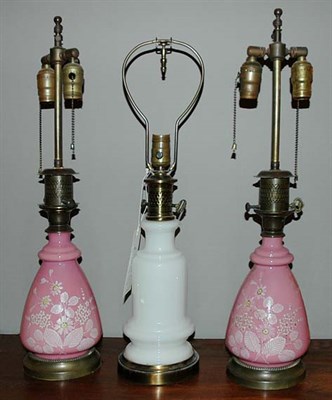 Lot 339 - Three Glass Lamps Including a pair of enamel...