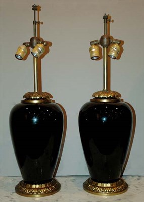 Lot 382 - Pair of Black Porcelain Two-Light Lamps Height...