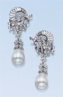 Lot 515 - Pair of Diamond and Cultured Pearl Pendant-Earrings