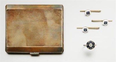Lot 2720 - Sapphire and Diamond Ring, Platinum and Sapphire Shirt Studs and Sterling Silver Compact