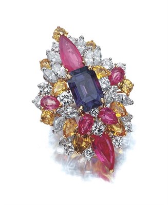 Lot 519 - Sapphire, Multi-Colored Sapphire and Diamond Cluster Pendant Clip-Brooch