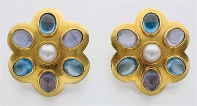 Lot 271 - Pair of Gold, Cabochon Blue Topaz, Amethyst and Cultured Pearl Flower Earclips