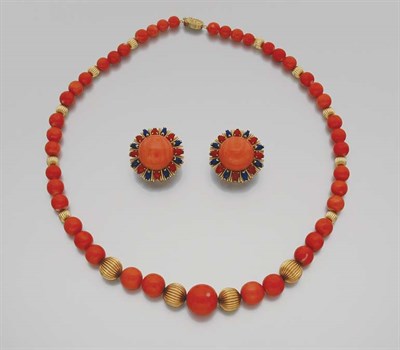Lot 299 - Gold and Coral Bead Necklace and Pair of Coral and Lapis Earclips