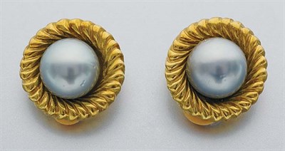 Lot 354 - Pair of Gold and Gray Cultured Pearl Earclips