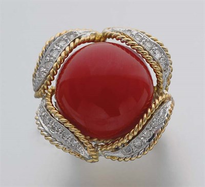 Lot 280 - Gold, Oxblood Coral and Diamond Ring