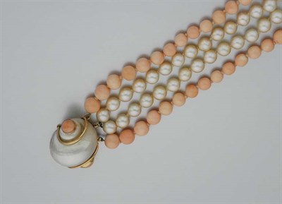 Lot 279 - Four Strand Angel Skin Coral Bead and Cultured Pearl Bracelet with Shell and Coral Clasp