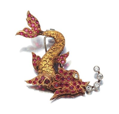 Lot 498 - Gold, Ruby and Diamond Fish Clip
