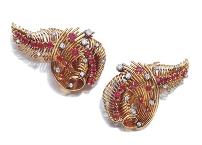 Lot 464 - Pair of Gold, Ruby and Diamond Spray Earclips