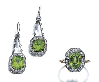 Lot 569 - Pair of Peridot and Diamond Pendant-Earrings and Ring
