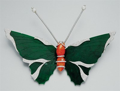 Lot 265 - Carved Jade, Coral and Diamond Butterfly Clip-Brooch