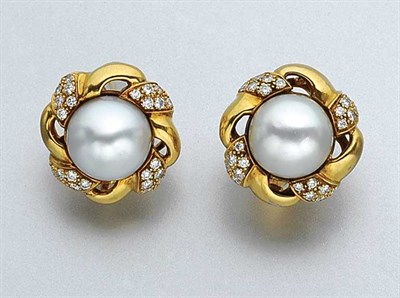Lot 287 - Pair of Gold, Cultured Pearl and Diamond Earrings