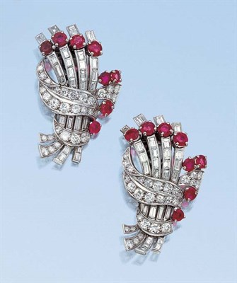 Lot 601 - Pair of Diamond and Ruby Clips
