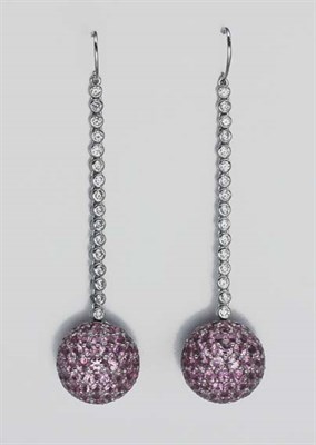 Lot 200 - Pair of Pink Sapphire and Diamond Pendant-Earrings