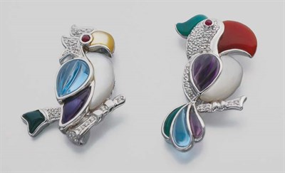 Lot 55 - Two Diamond, Gem-Set and Mother-of-Pearl Toucan Brooches