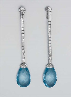 Lot 59 - Pair of Aquamarine and Diamond Pendant-Earrings