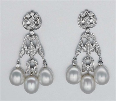 Lot 129 - Pair of White Gold, Diamond and Freshwater Pearl Pendant-Earrings