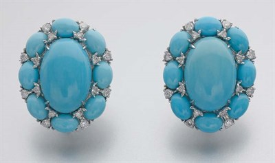 Lot 376 - Pair of Turquoise and Diamond Earrings