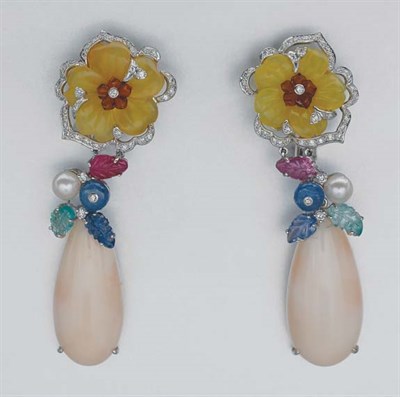 Lot 31 - Pair of Angel Skin Coral, Carved Colored Stone, Cultured Pearl and Diamond Pendant-Earrings
