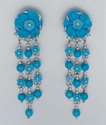 Lot 219 - Pair of Carved Turquoise and Diamond Pendant-Earrings