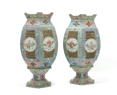 Lot 2028 - Pair of Famille Rose Glazed Porcelain Lanterns...
