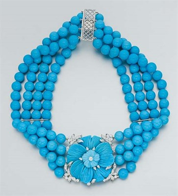 Lot 218 - Four Strand Turquoise Bead, Carved Turquoise and Diamond Choker Necklace