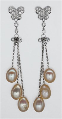 Lot 328 - Pair of White Gold, Diamond and Peach Freshwater Pearl Pendant-Earrings