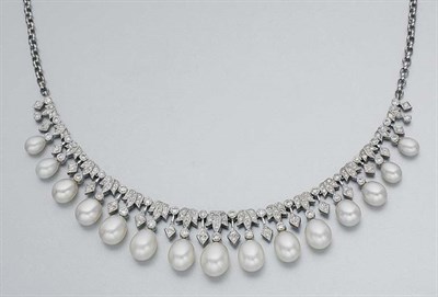 Lot 128 - White Gold, Biwa Pearl and Diamond Fringe Necklace