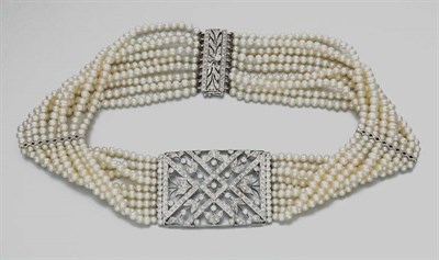 Lot 87 - Nine Strand Cultured Pearl and Diamond Choker Necklace