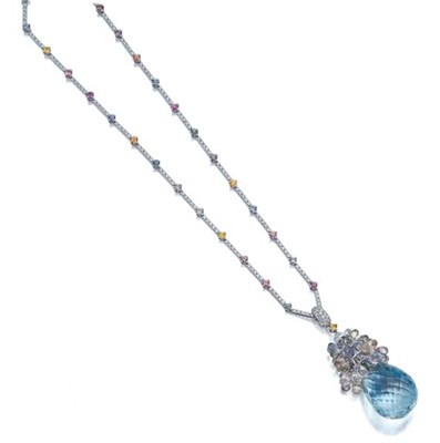 Lot 505 - Aquamarine, Multi-Colored Sapphire and Diamond Pendant-Necklace