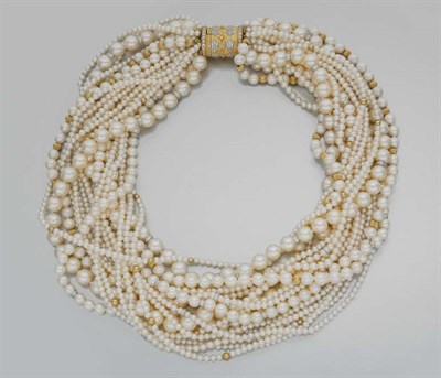 Lot 260 - Nineteen Strand Cultured Pearl, Gold and Diamond Torsade Necklace