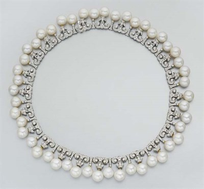 Lot 327 - White Gold, Diamond and Cultured Pearl Fringe Necklace