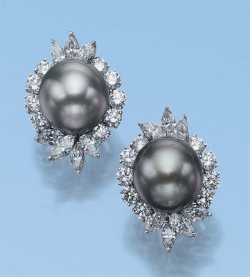 Lot 510 - Pair of Taupe Cultured Pearl and Diamond Earclips