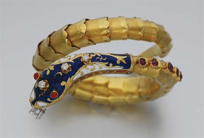 Lot 83 - Gold, Enamel, Diamond, Cabochon Garnet and Coral Snake Bracelet