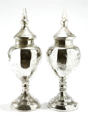 Lot 304 - Pair of Mercury Glass Style Covered Urns...
