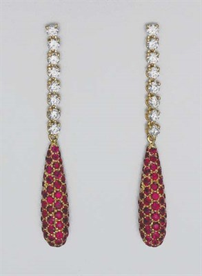 Lot 44 - Pair of Diamond and Ruby Pendant-Earrings
