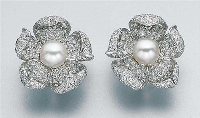 Lot 203 - Pair of Cultured Pearl and Diamond Flower Earclips