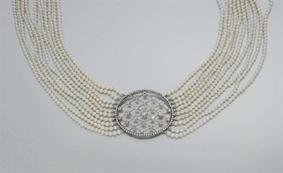 Lot 2345 - Ten Strand Cultured Pearl and Diamond Choker Necklace