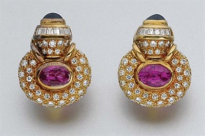 Lot 2499 - Pair of Gold, Pink Sapphire, Diamond and Cabochon Sapphire Earclips