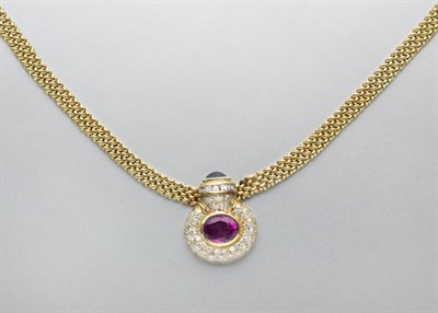 Lot 2506 - Gold, Pink Sapphire, Diamond and Cabochon Sapphire Pendant-Necklace