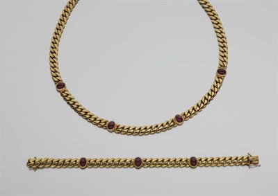 Lot 350 - Gold and Cabochon Ruby Curb Link Necklace and Bracelet